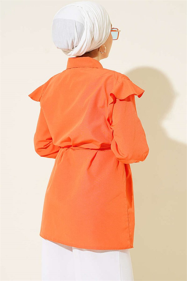 Orange Shirt with Shoulder Ruffles and Ribbon