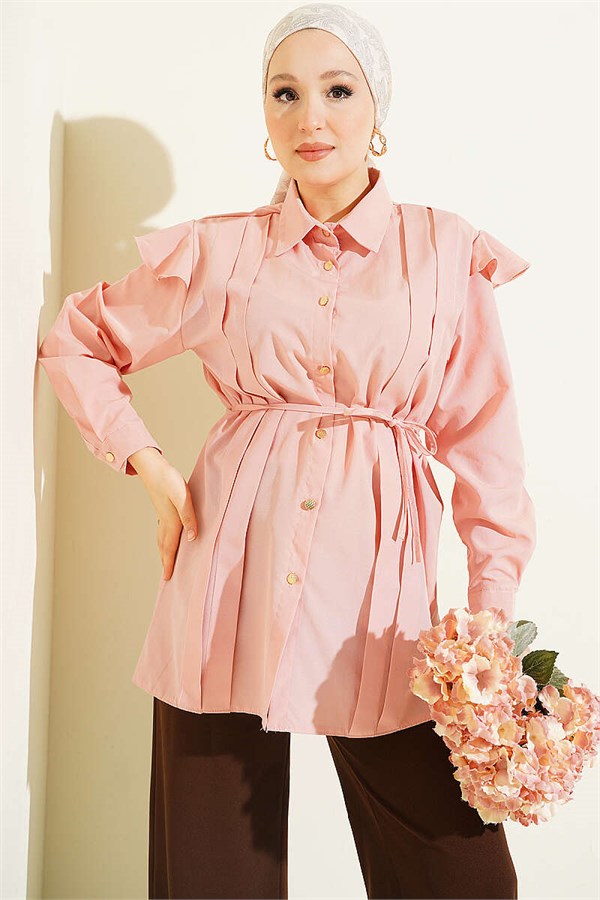 Shoulder Ruffled Belted Shirt Powder Pink