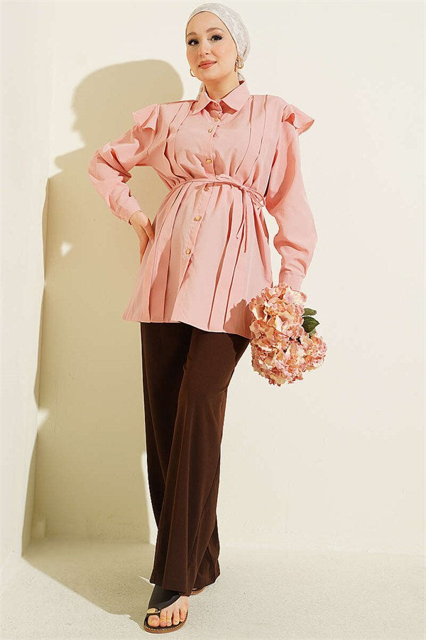 Shoulder Ruffled Belted Shirt Powder Pink