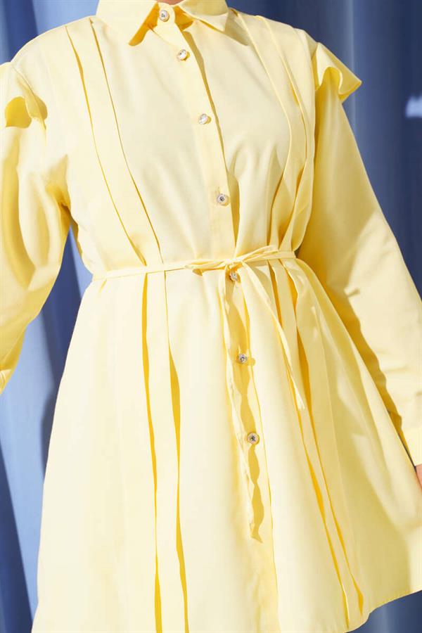 Shoulder Ruffle Striped Belted Shirt Yellow