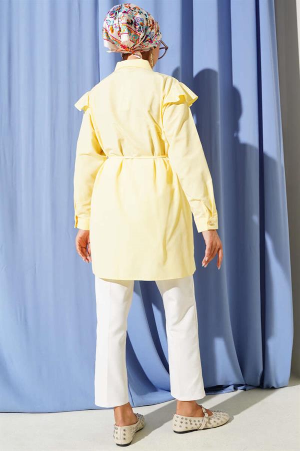 Shoulder Ruffle Striped Belted Shirt Yellow