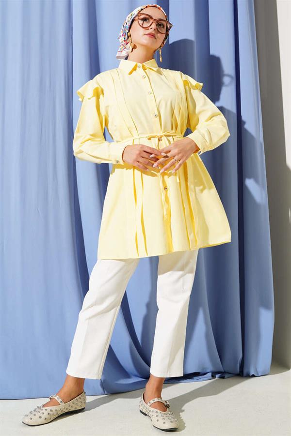 Shoulder Ruffle Striped Belted Shirt Yellow