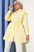 Shoulder Ruffle Striped Belted Shirt Yellow