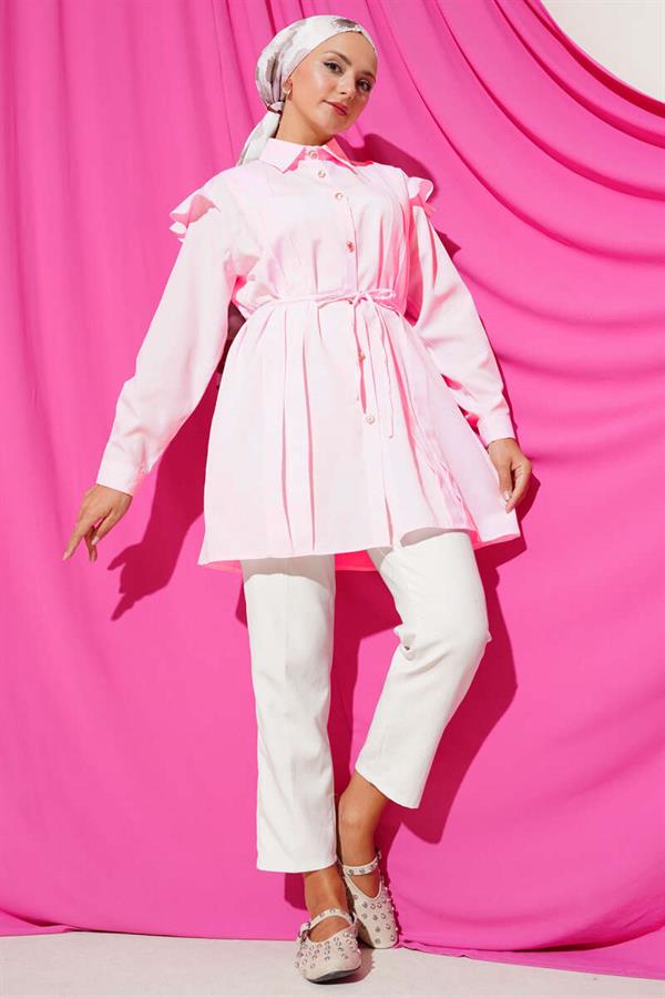 Shoulder Ruffle Striped Belted Shirt Dusty Pink