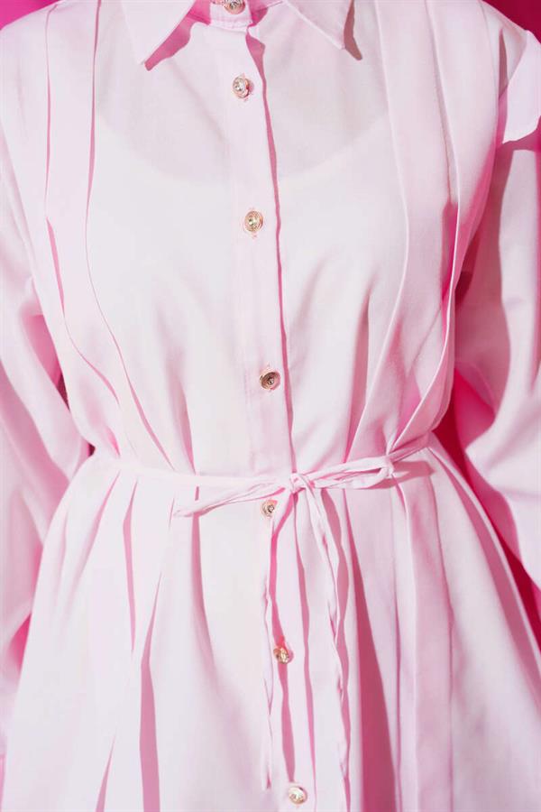 Shoulder Ruffle Striped Belted Shirt Dusty Pink