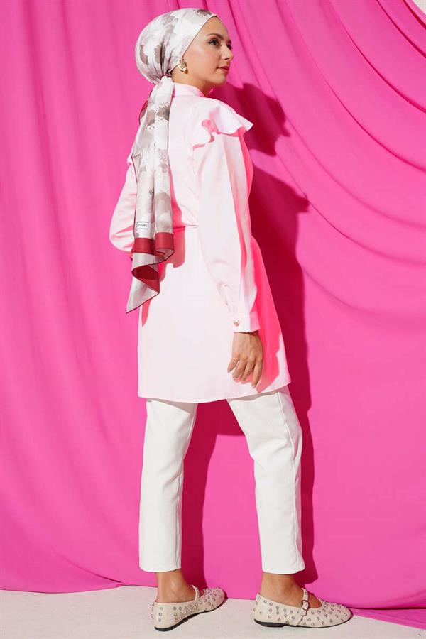 Shoulder Ruffle Striped Belted Shirt Dusty Pink