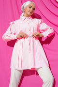 Shoulder Ruffle Striped Belted Shirt Dusty Pink