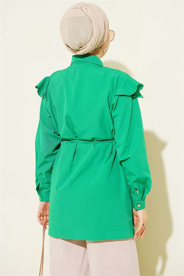 Shoulder Ruffled Striped Belted Shirt Green