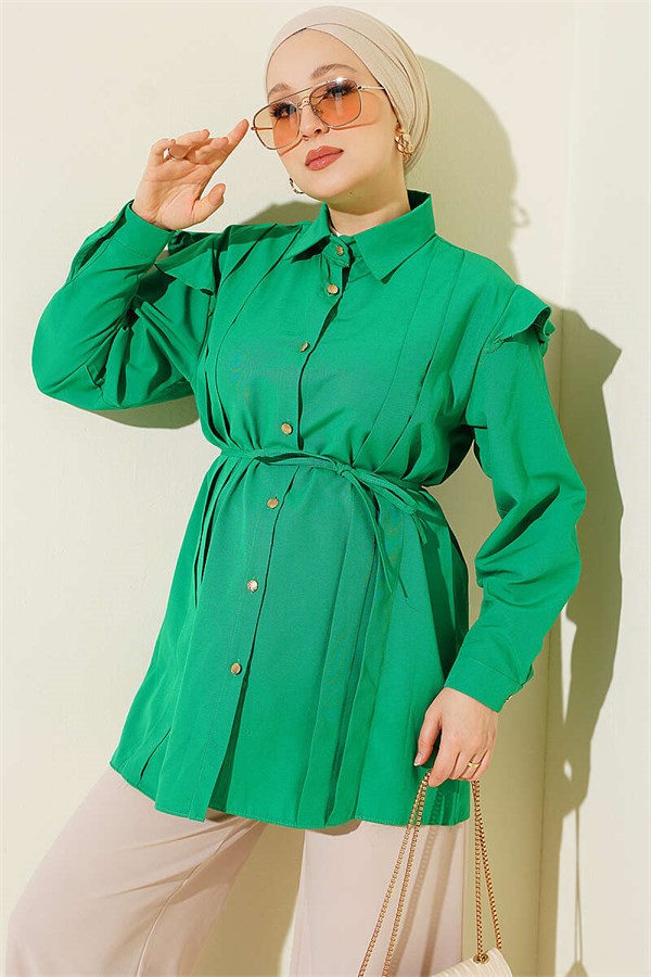 Shoulder Ruffled Striped Belted Shirt Green