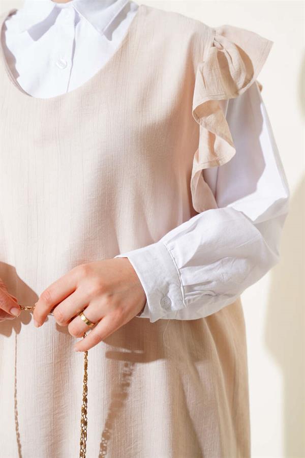 Three-Piece Suit with Shoulder Ruffle Sweater, Beige