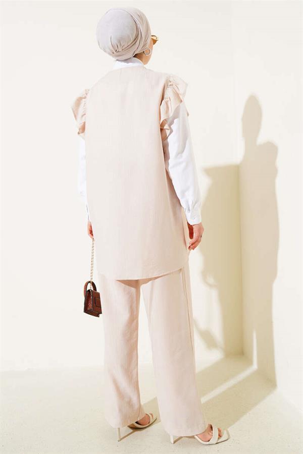 Three-Piece Suit with Shoulder Ruffle Sweater, Beige