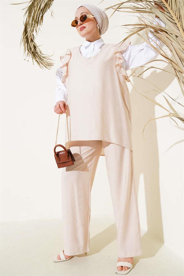 Three-Piece Suit with Shoulder Ruffle Sweater, Beige