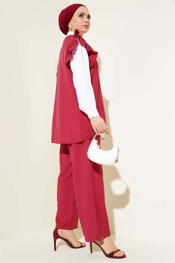 Shoulder Ruffle Sweater 2 Piece Set Claret Red