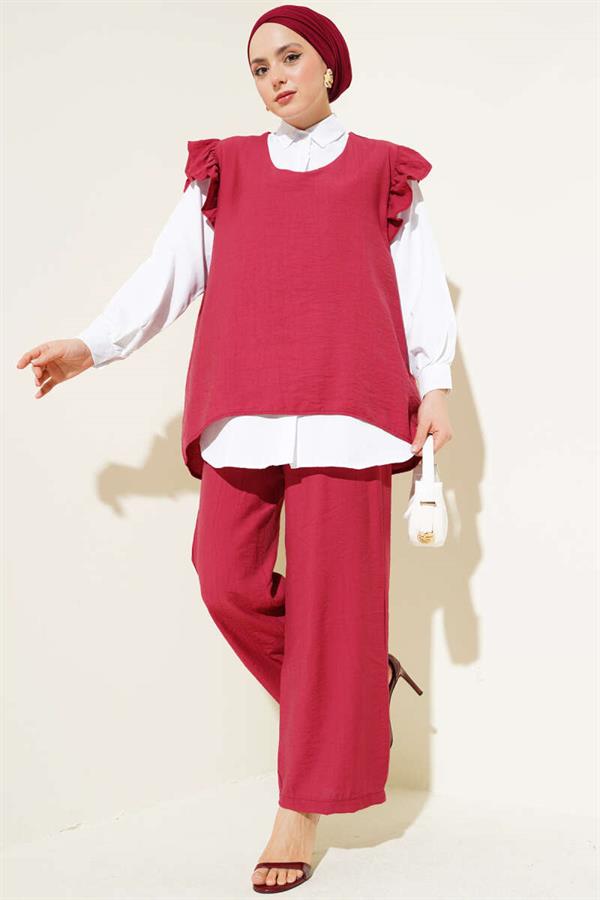 Shoulder Ruffle Sweater 2 Piece Set Claret Red
