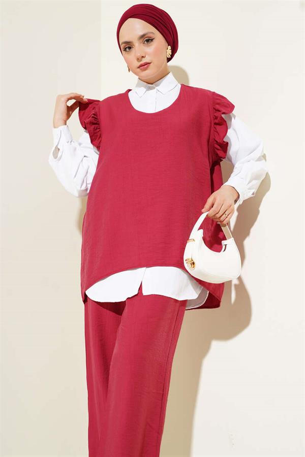 Shoulder Ruffle Sweater 2 Piece Set Claret Red
