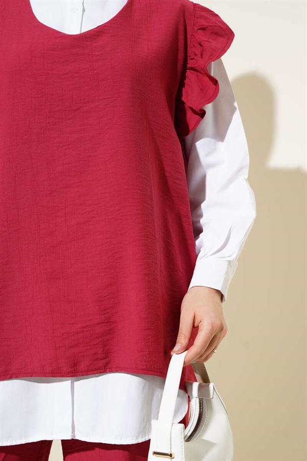 Shoulder Ruffle Sweater 2 Piece Set Claret Red