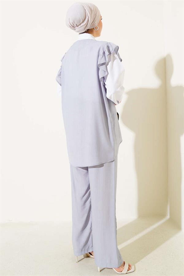 Shoulder Ruffle Sweater Three Piece Suit Gray