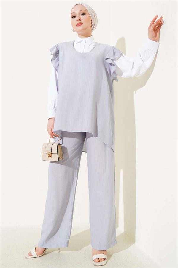 Shoulder Ruffle Sweater Three Piece Suit Gray