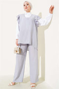 Shoulder Ruffle Sweater Three Piece Suit Gray