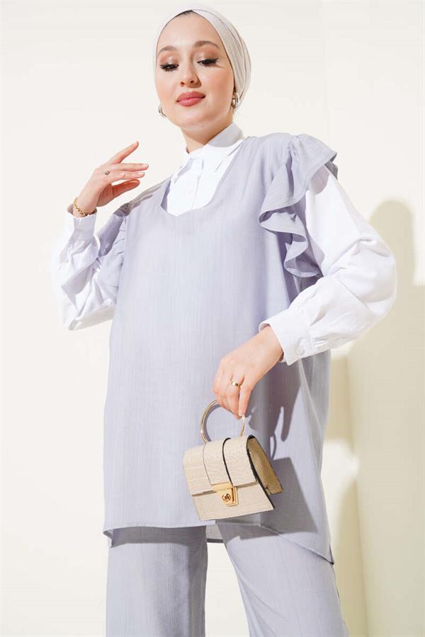 Shoulder Ruffle Sweater Three Piece Suit Gray