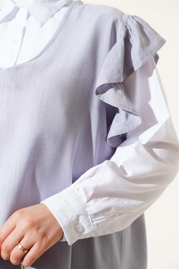 Shoulder Ruffle Sweater Three Piece Suit Gray