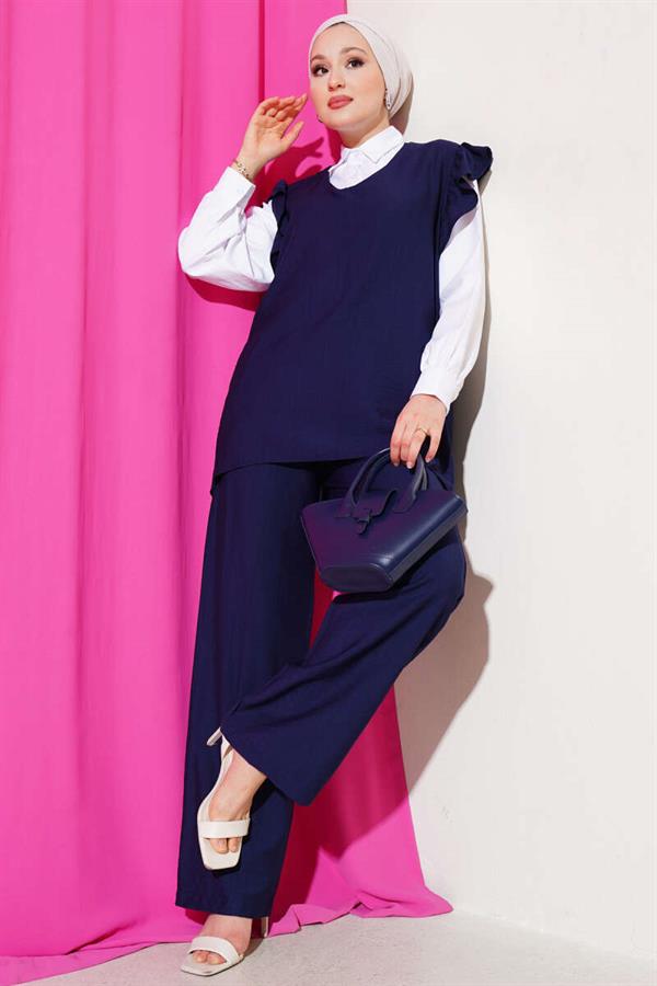 Three-Piece Suit with Shoulder Ruffle Sweater, Navy Blue
