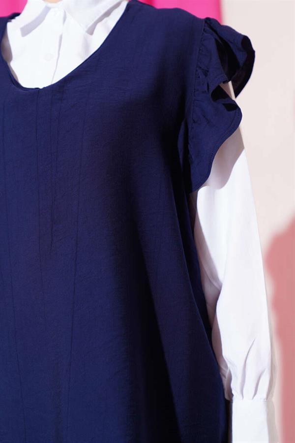 Three-Piece Suit with Shoulder Ruffle Sweater, Navy Blue