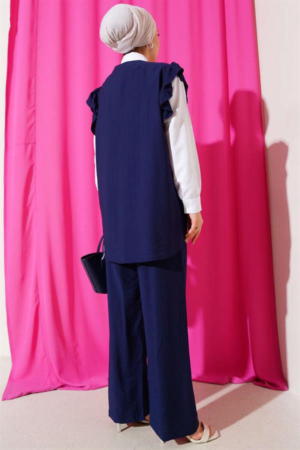 Three-Piece Suit with Shoulder Ruffle Sweater, Navy Blue