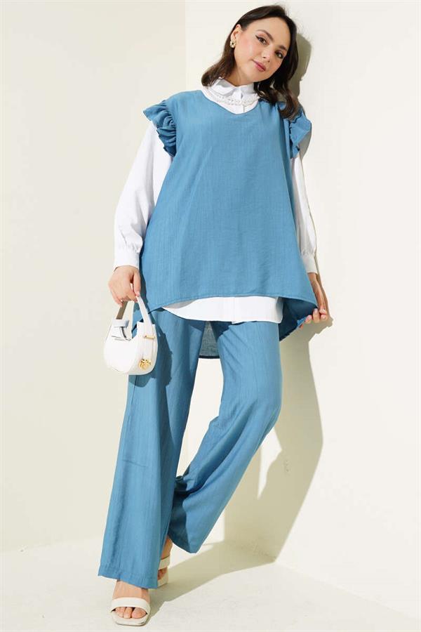 Shoulder Ruffle Sweater 2 Piece Set Blue