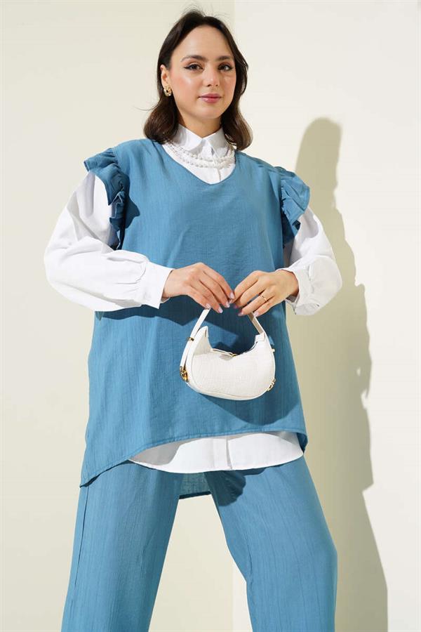 Shoulder Ruffle Sweater 2 Piece Set Blue