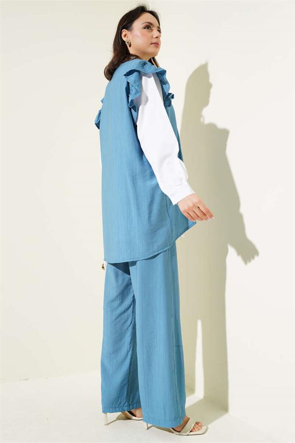 Shoulder Ruffle Sweater 2 Piece Set Blue