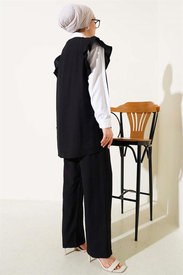 Shoulder Ruffle Sweater Three Piece Suit Black