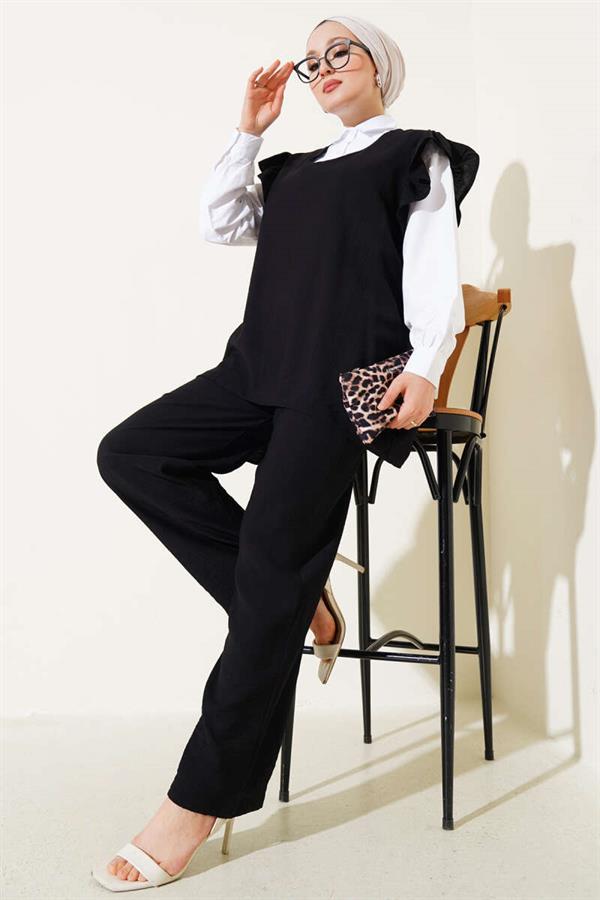 Shoulder Ruffle Sweater Three Piece Suit Black