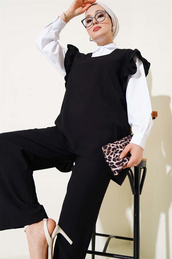 Shoulder Ruffle Sweater Three Piece Suit Black
