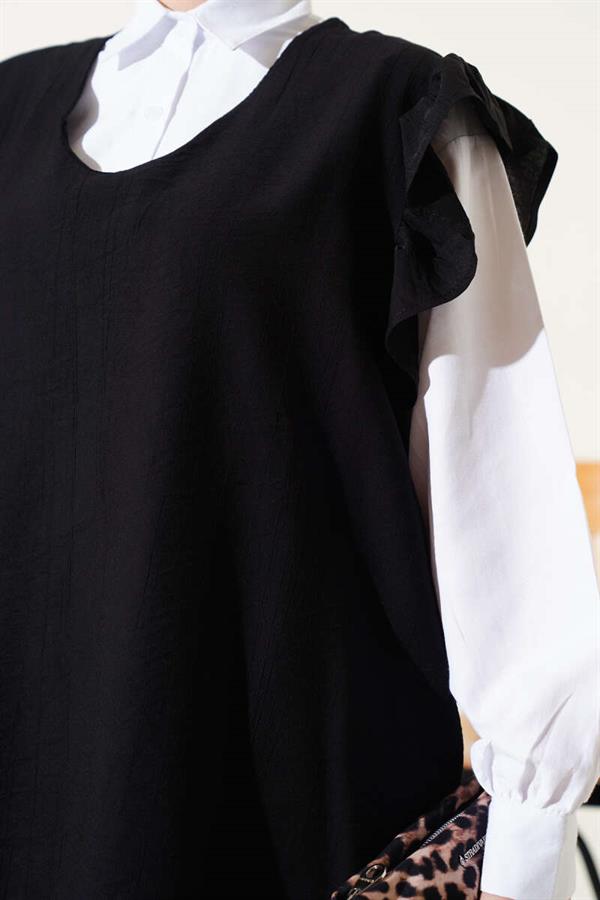 Shoulder Ruffle Sweater Three Piece Suit Black