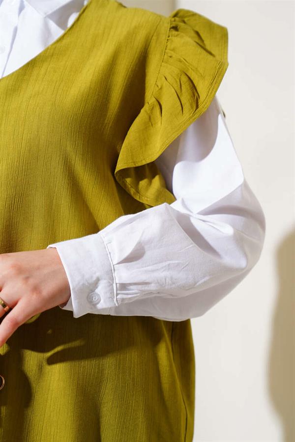 Three-Piece Suit with Shoulder Ruffle Sweater, Oil Green