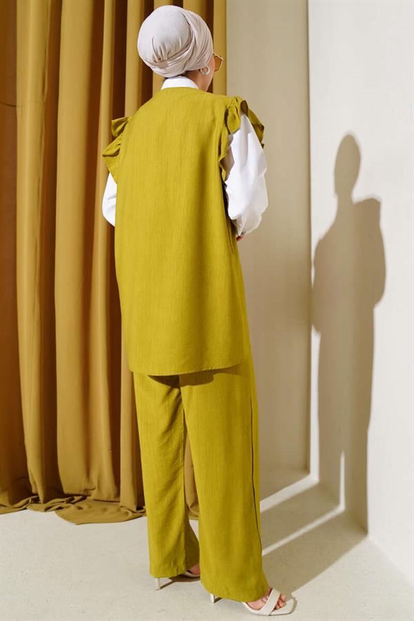 Three-Piece Suit with Shoulder Ruffle Sweater, Oil Green