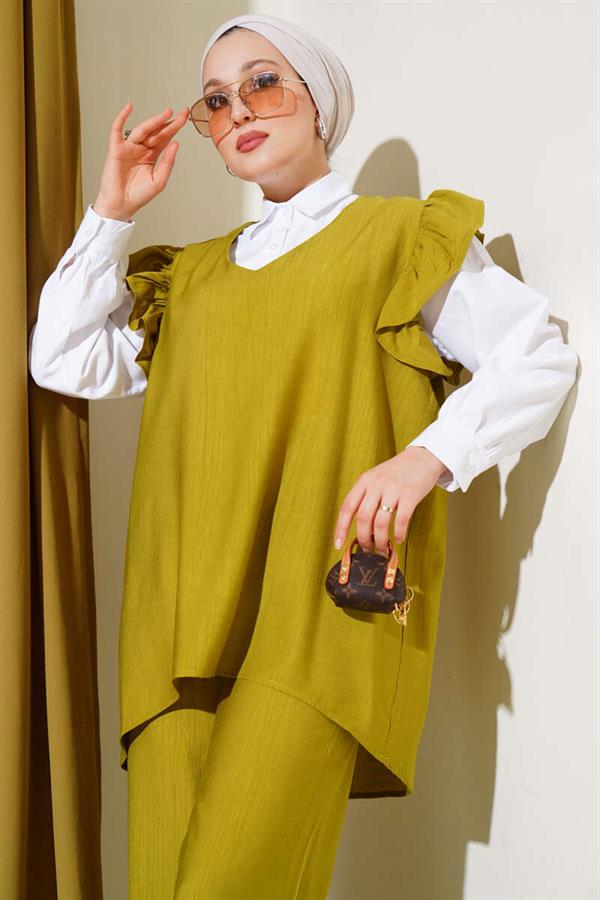 Three-Piece Suit with Shoulder Ruffle Sweater, Oil Green