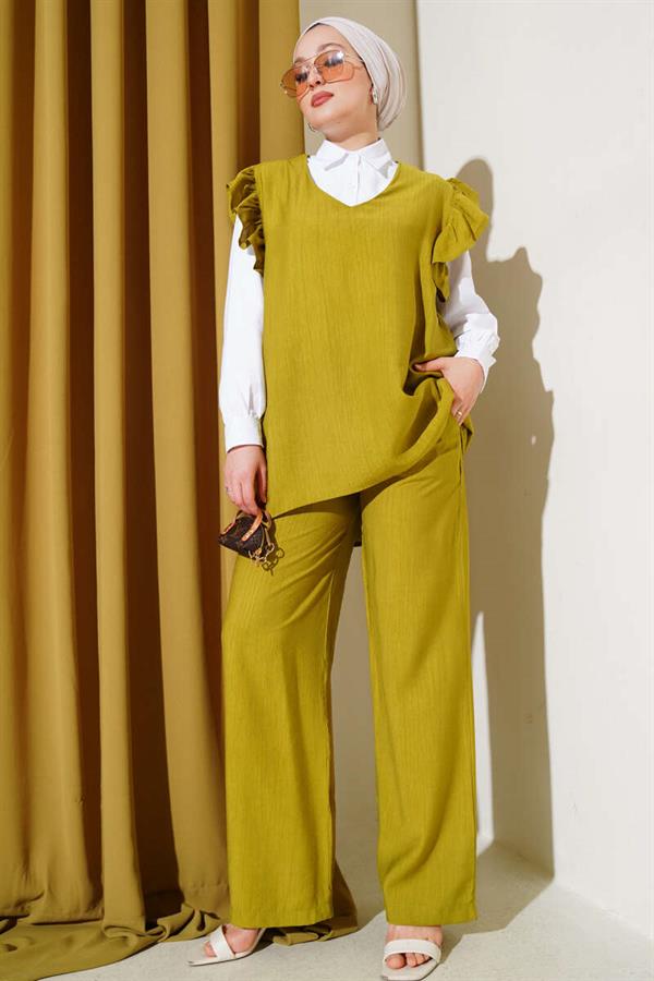 Three-Piece Suit with Shoulder Ruffle Sweater, Oil Green