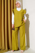 Three-Piece Suit with Shoulder Ruffle Sweater, Oil Green