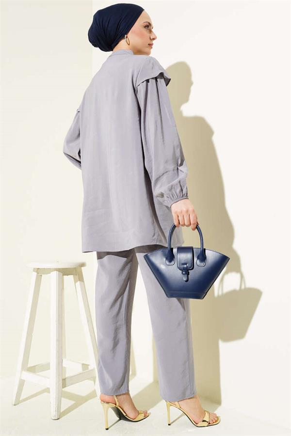 Shoulder Frilled Tencel Tunic 2 Piece Set Gray