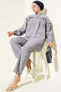 Shoulder Frilled Tencel Tunic 2 Piece Set Gray