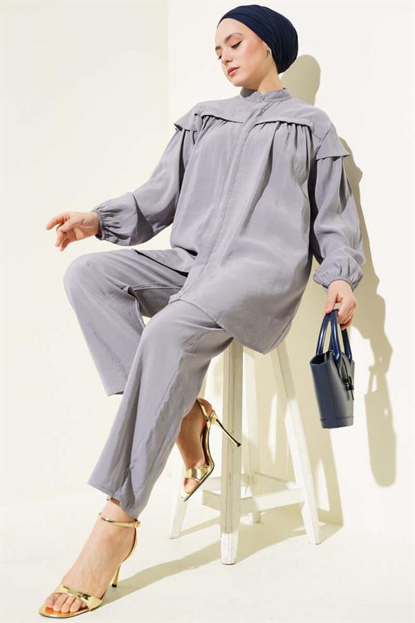 Shoulder Frilled Tencel Tunic 2 Piece Set Gray