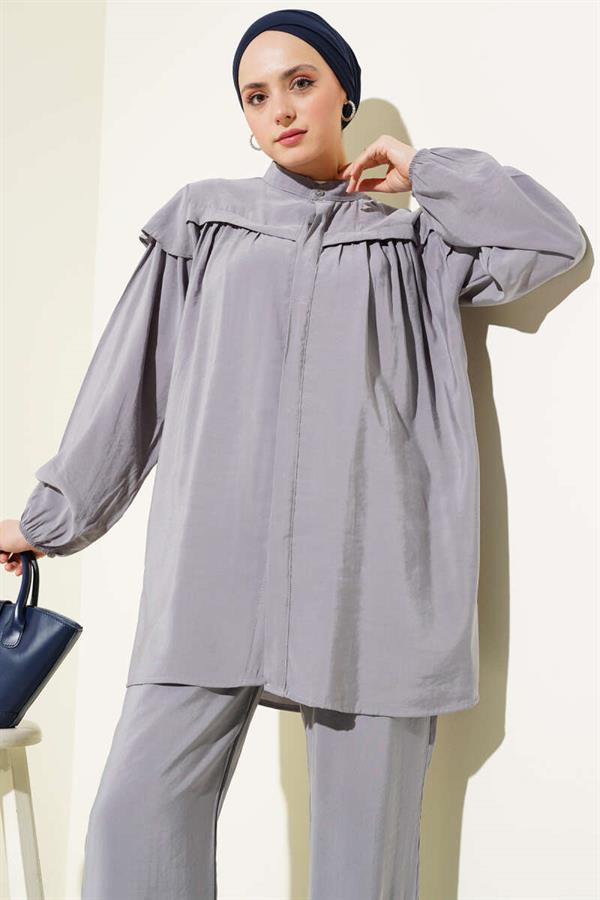 Shoulder Frilled Tencel Tunic 2 Piece Set Gray