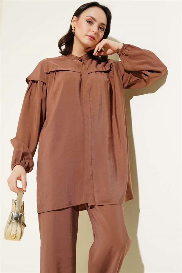 Shoulder Ruffle Tencel Tunic 2 Piece Set Brown