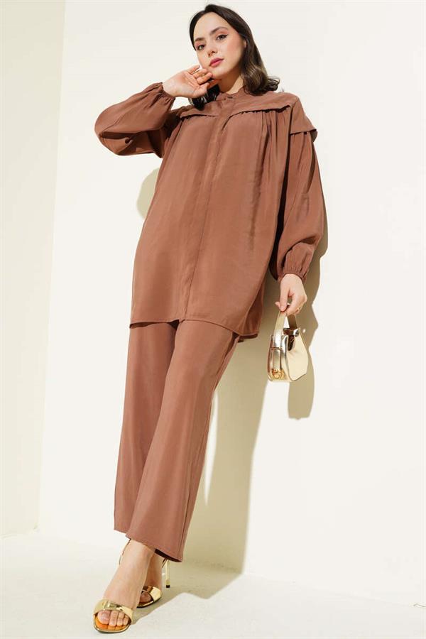 Shoulder Ruffle Tencel Tunic 2 Piece Set Brown