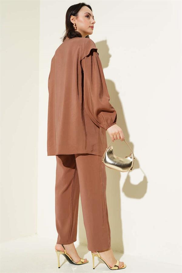 Shoulder Ruffle Tencel Tunic 2 Piece Set Brown