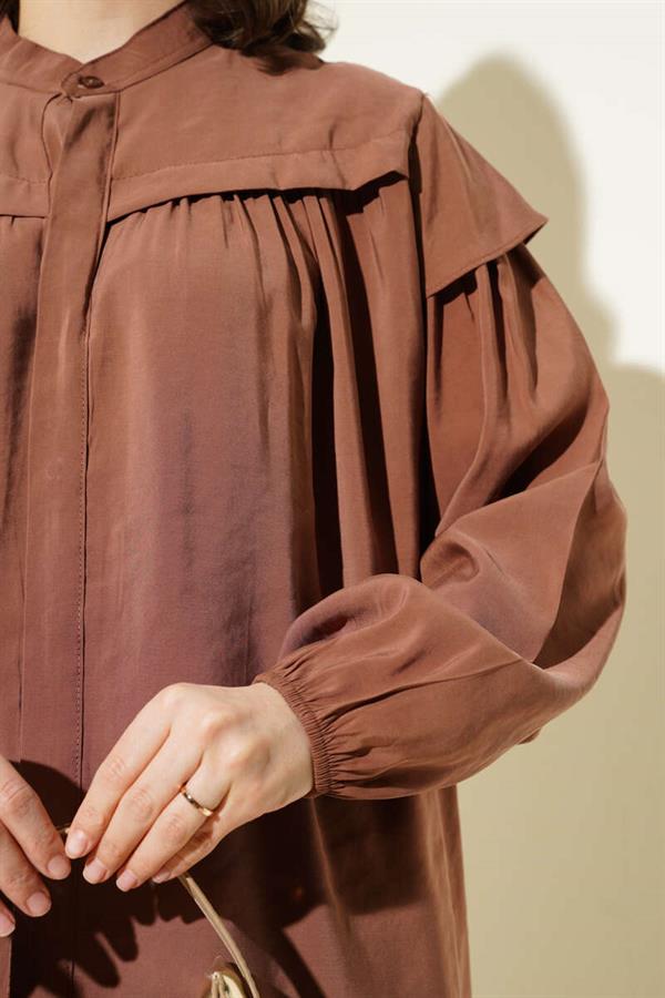 Shoulder Ruffle Tencel Tunic 2 Piece Set Brown