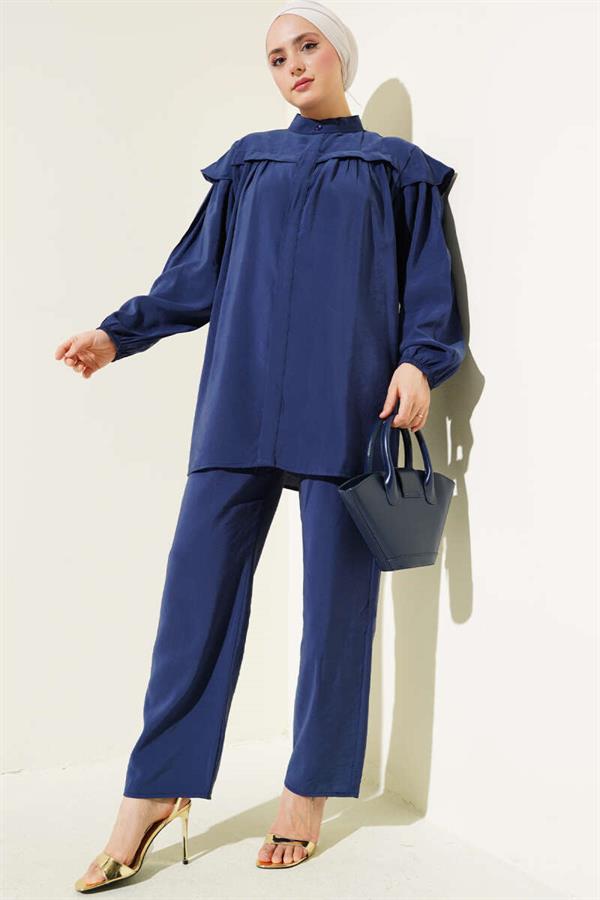 Shoulder Frilled Tencel Tunic 2 Piece Set Navy Blue