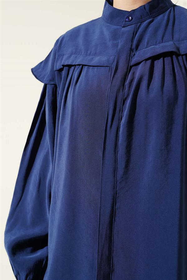 Shoulder Frilled Tencel Tunic 2 Piece Set Navy Blue